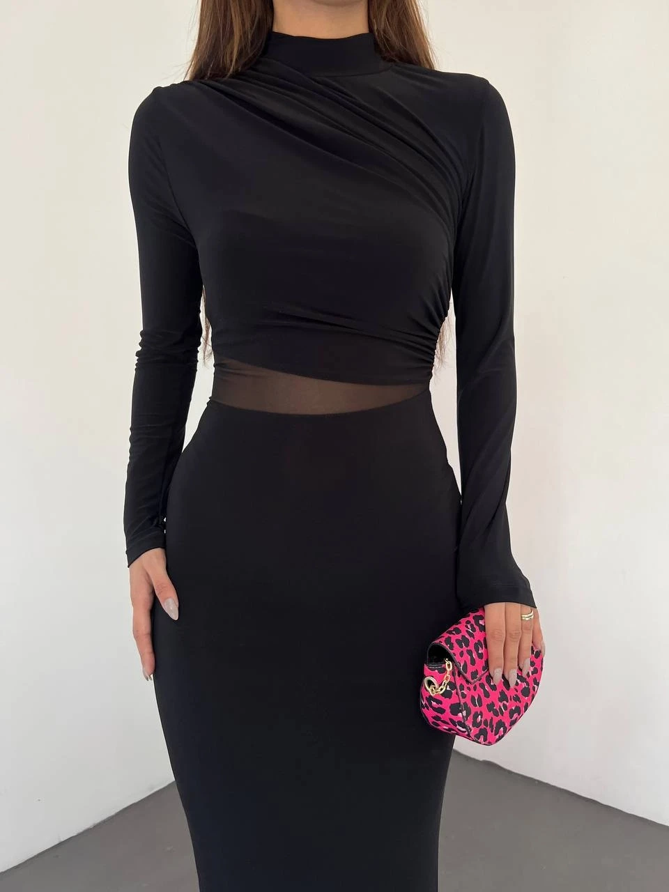 İthal Sandy Kumaş Beli ve Omzu Pile Beli Tül Detaylı Elbise