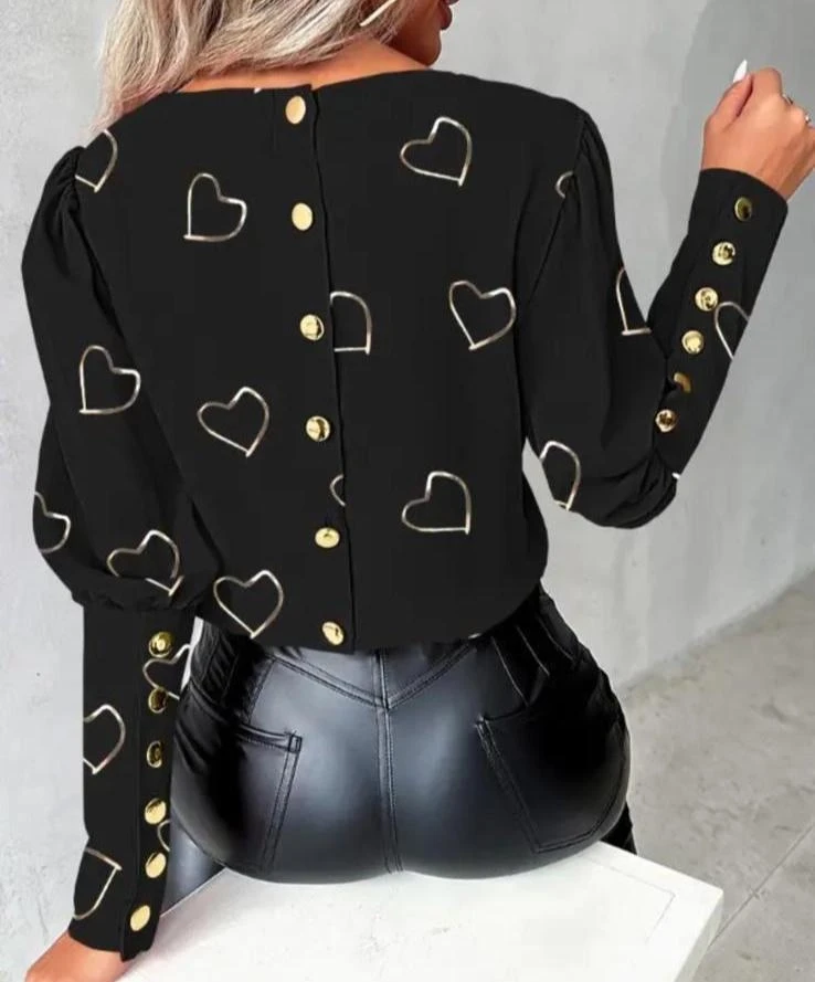 Jessıka Kumaş Kalp Baskı Düğme Detaylı Gömlek