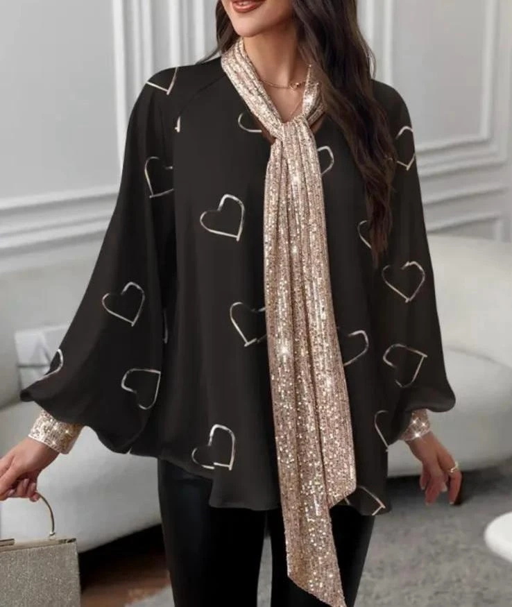 Jessika Kumaş Payet Detaylı Dijital Baskılı Bluz