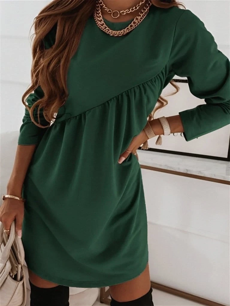 Kadın Uzun Kollu Bisiklet Yaka Çapraz Büzgü Detay İki  İplik Mini Boy Elbise