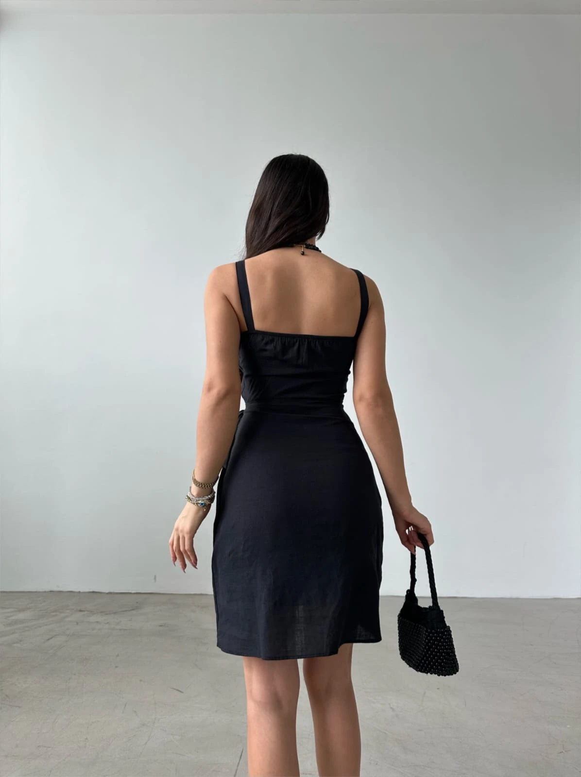 Keten Kumaş Askılı Yandan Bağlamalı Elbise