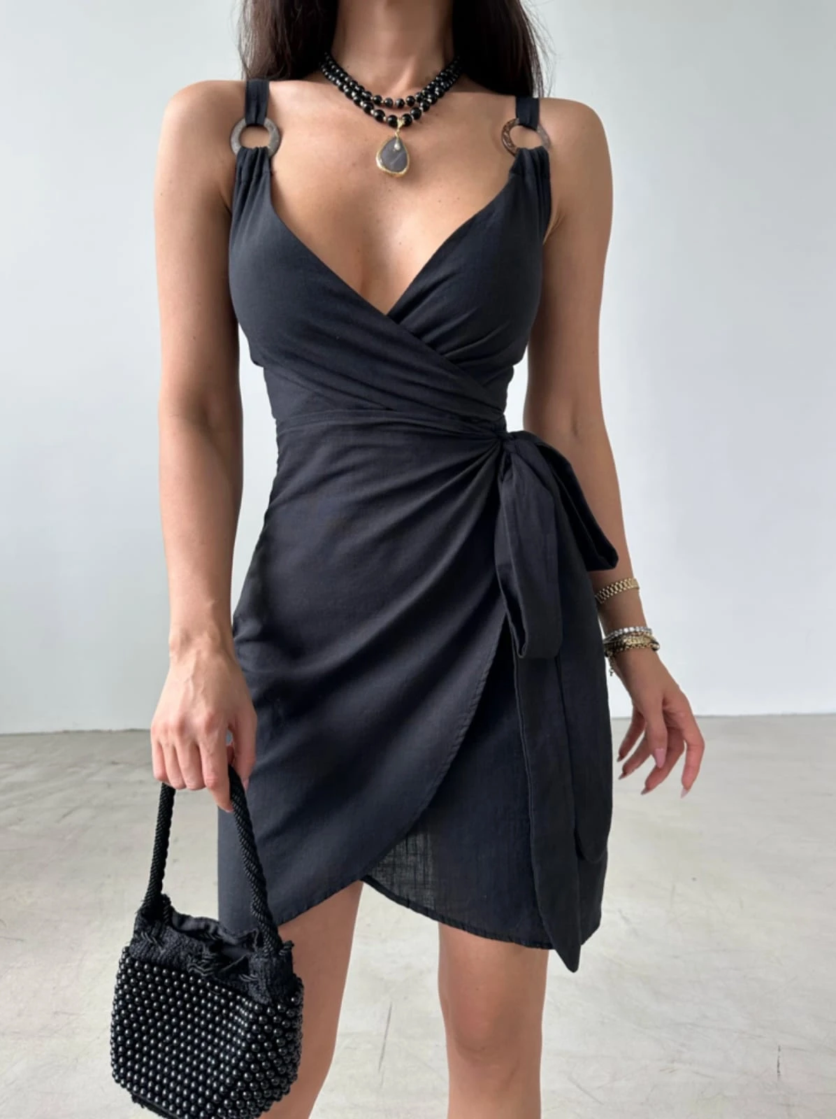 Keten Kumaş Askılı Yandan Bağlamalı Elbise