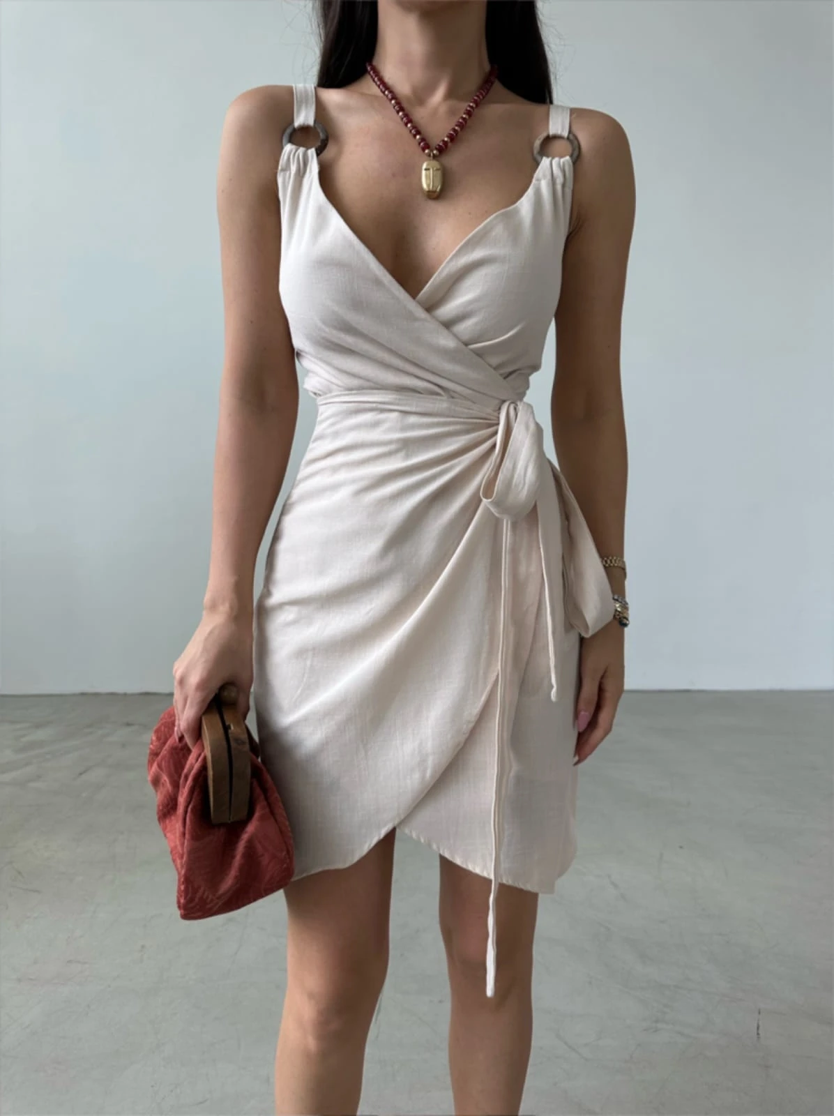 Keten Kumaş Askılı Yandan Bağlamalı Elbise