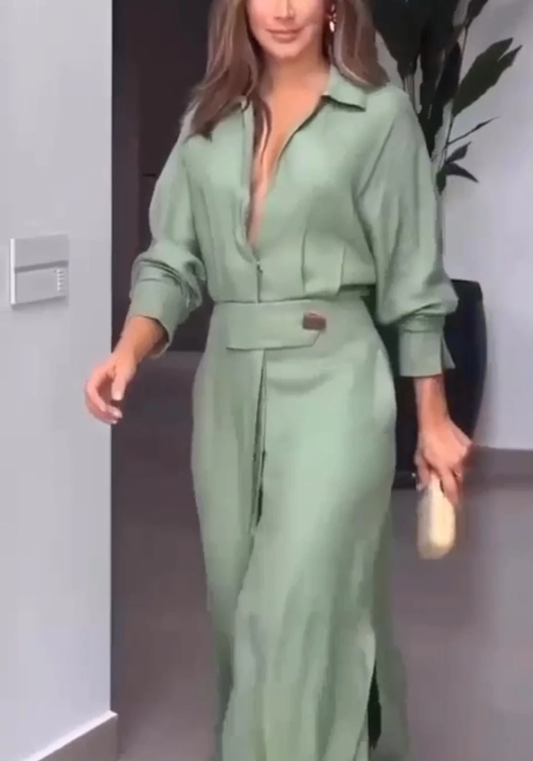 Keten Kumaş Cepli Maxi Elbise