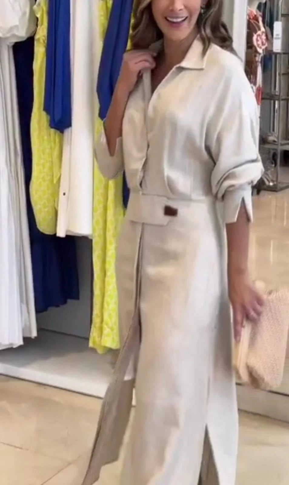 Keten Kumaş Cepli Maxi Elbise