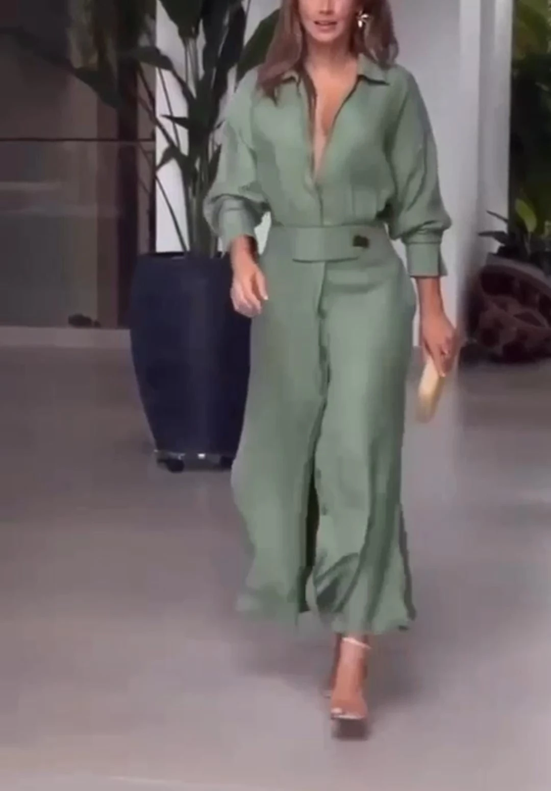 Keten Kumaş Cepli Maxi Elbise