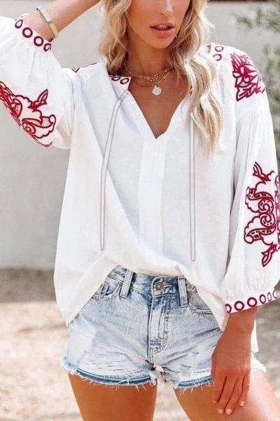 Keten Kumaş Nakışlı Bluz