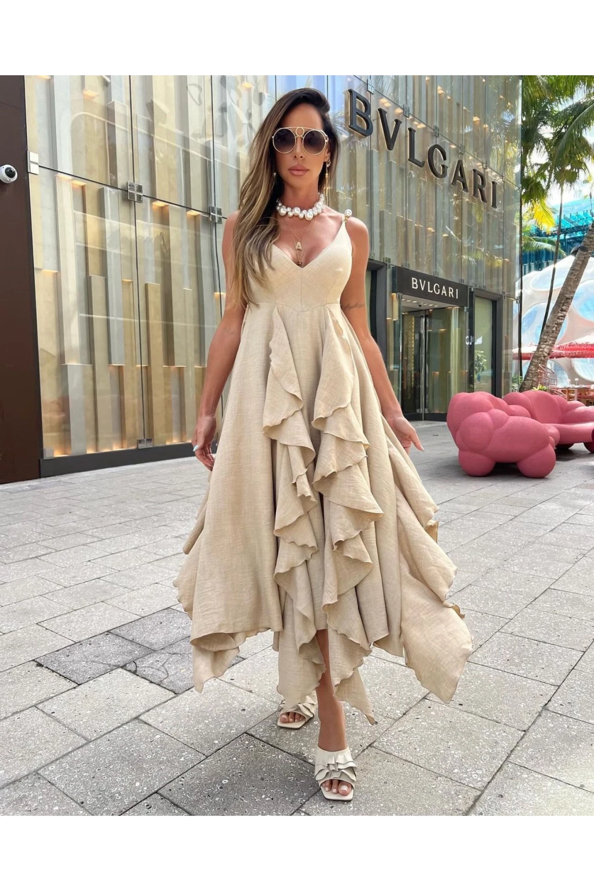 Keten Kumaş Volanlı Omuzları İncili Detaylı Elbise