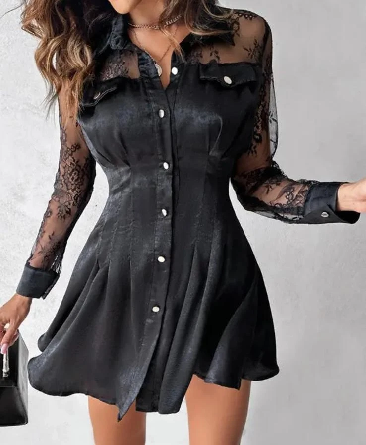 Saten Kumaş Dantel Detaylı Gömlek Elbise