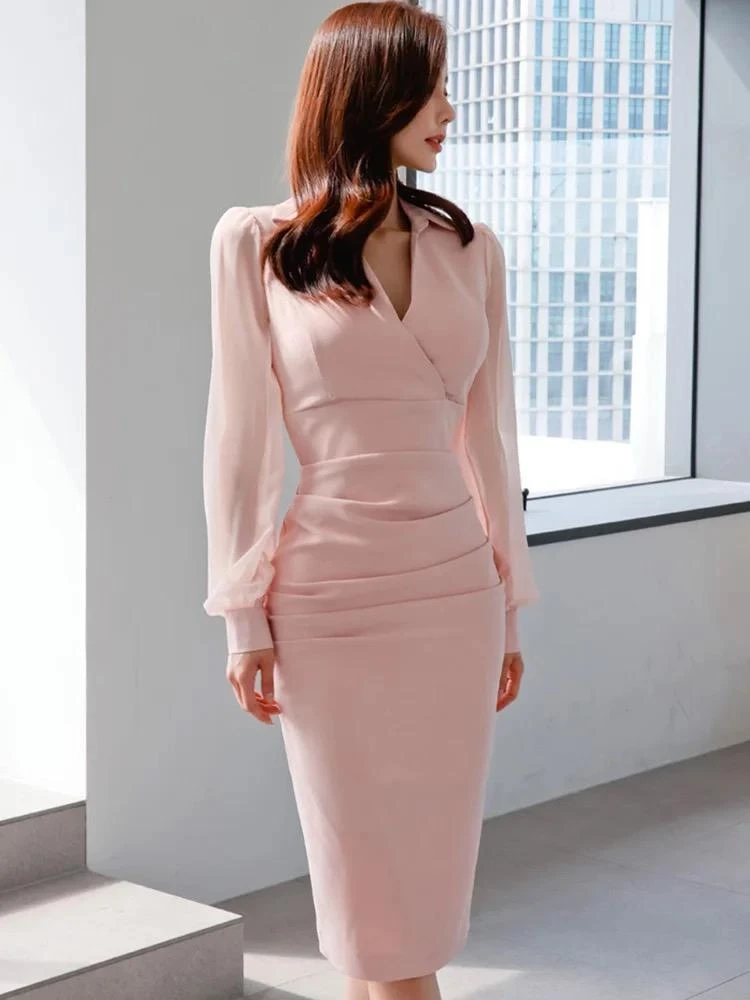 Kolları Şifon İthal Atlas Kumaş Gömlek Yaka Elbise