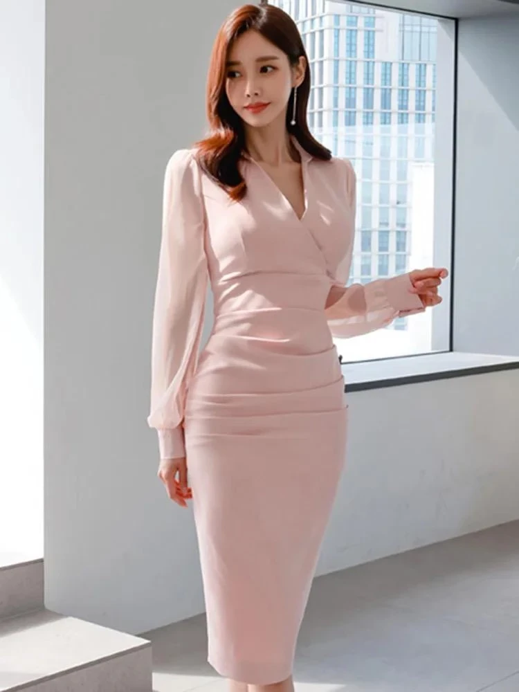 Kolları Şifon İthal Atlas Kumaş Gömlek Yaka Elbise