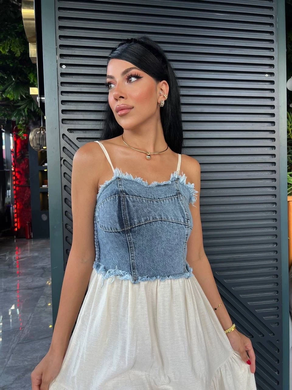 Kot Detaylı Askılı Katlı Elbise