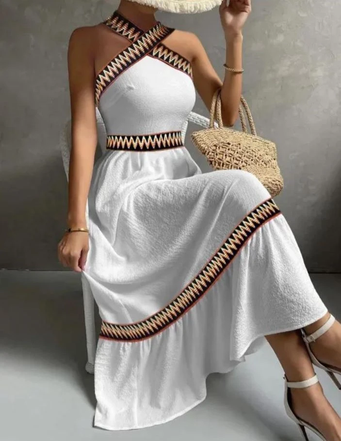 Krınkıl Kumaş Etnik Desen Lastik Detay Elbise