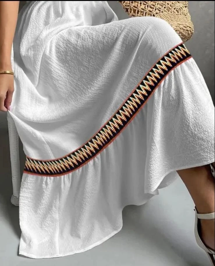 Krınkıl Kumaş Etnik Desen Lastik Detay Elbise