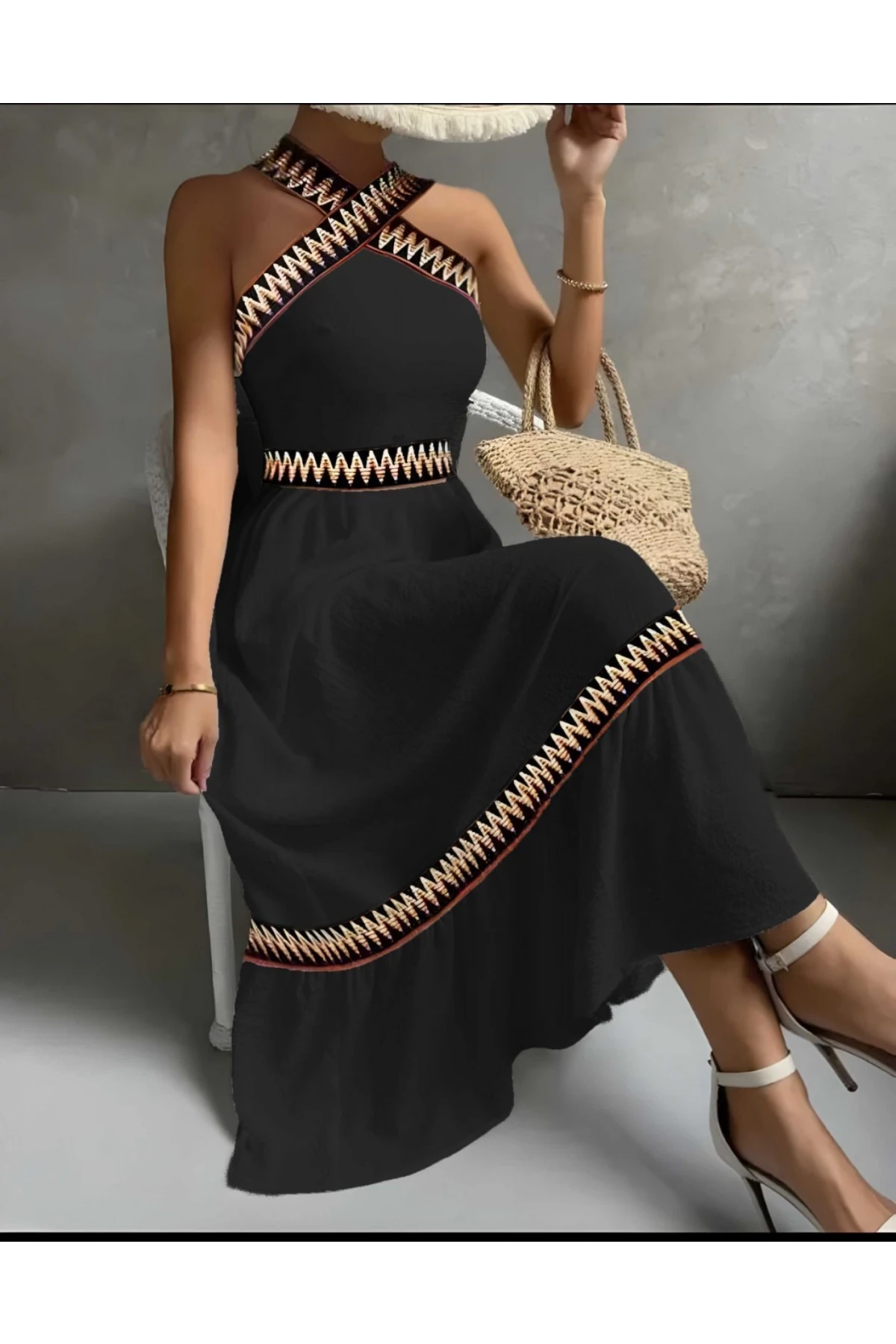 Krınkıl Kumaş Etnik Desen Lastik Detay Elbise