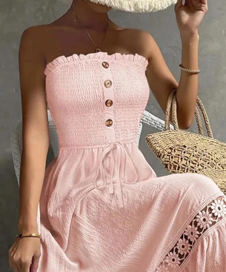 Krinkıl Kumaş Gipe Ve Güpür Dantel Detaylı  Midi Boy Elbise