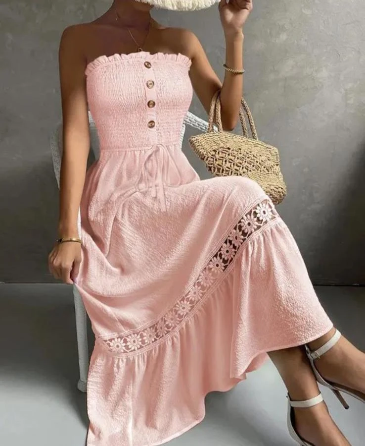 Krinkıl Kumaş Gipe Ve Güpür Dantel Detaylı  Midi Boy Elbise