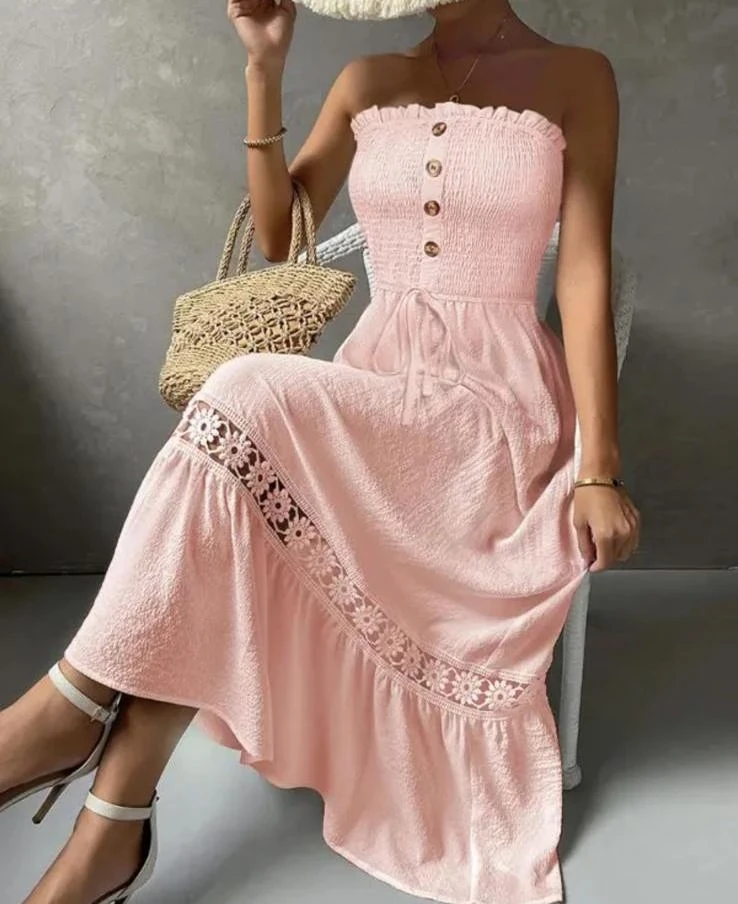 Krinkıl Kumaş Gipe Ve Güpür Dantel Detaylı  Midi Boy Elbise