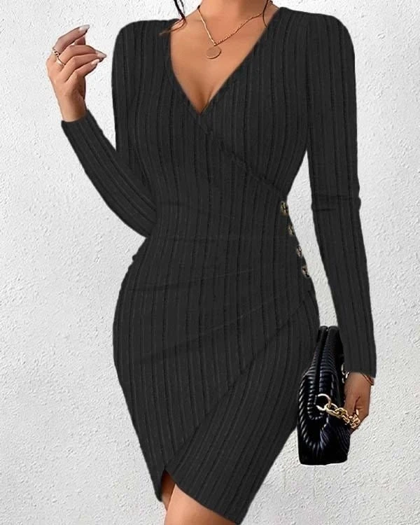 Kruvaze Yaka Bel Yanında Düğme ve Etek Ucu Kruvaze  Şardonlu Kaşkorse Mini Boy Elbise