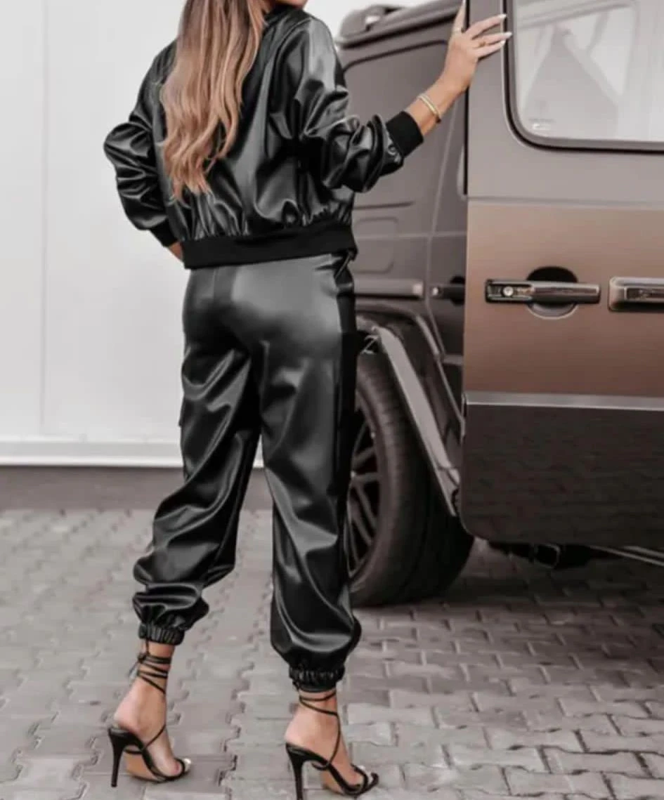 Lıkralı Deri Kumaş  Pantolon Ceket Takım