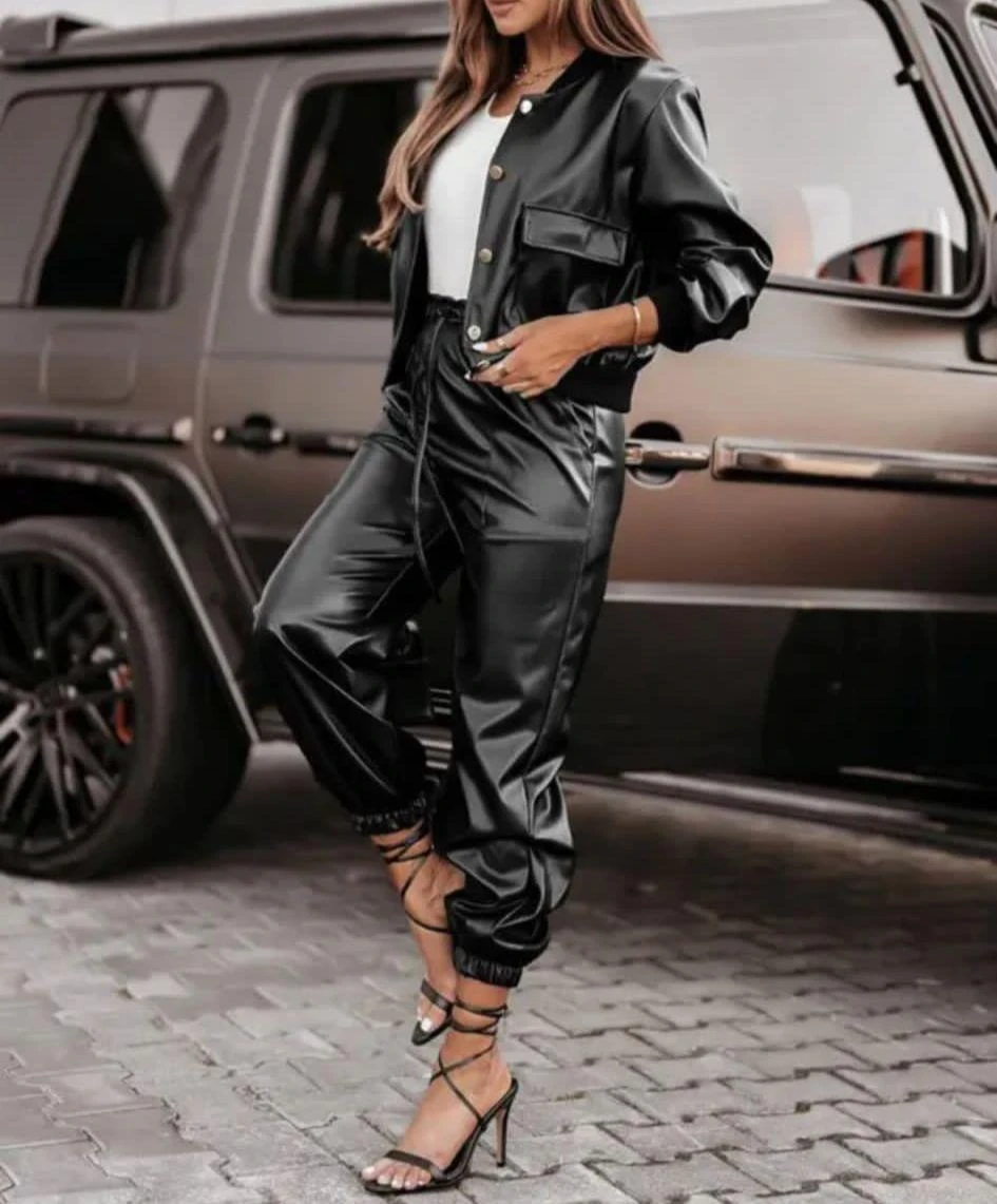 Lıkralı Deri Kumaş  Pantolon Ceket Takım