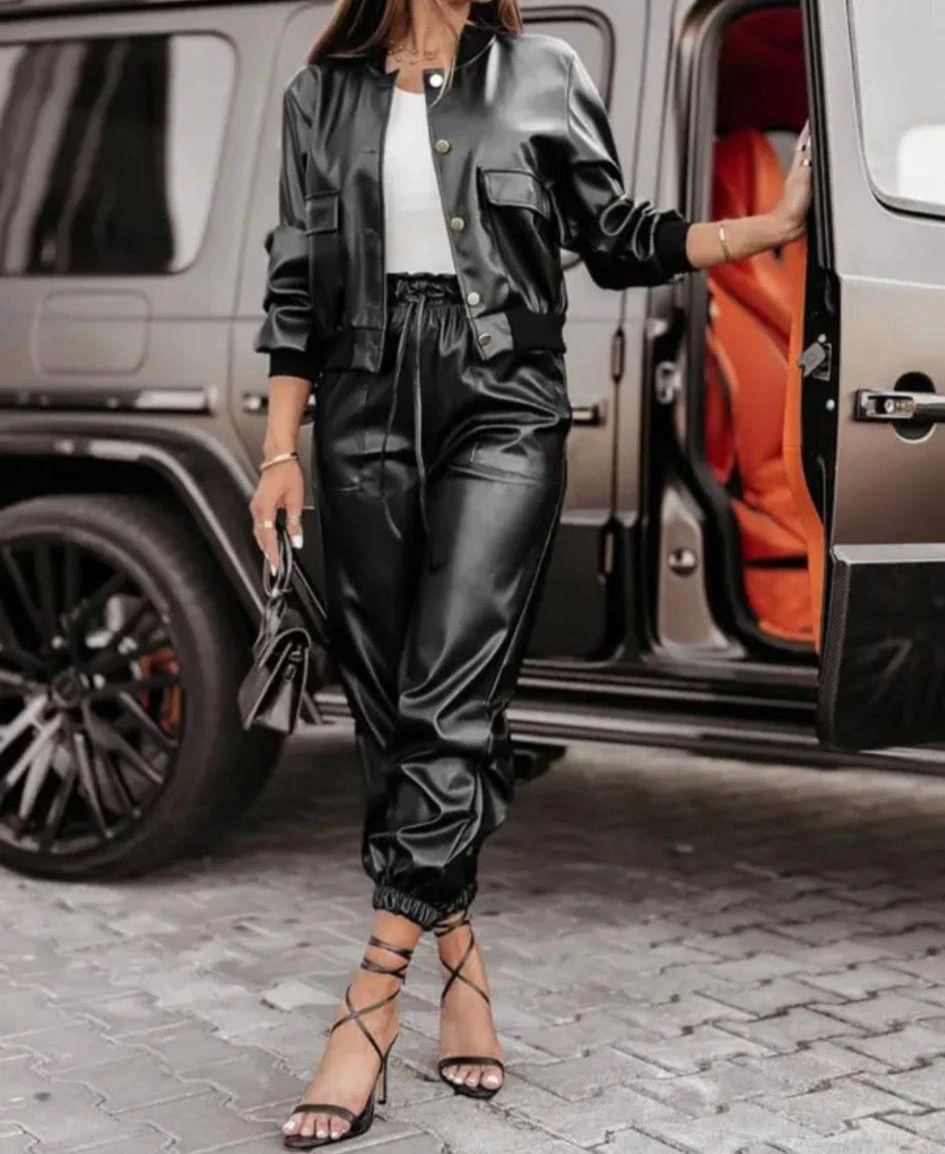 Lıkralı Deri Kumaş  Pantolon Ceket Takım