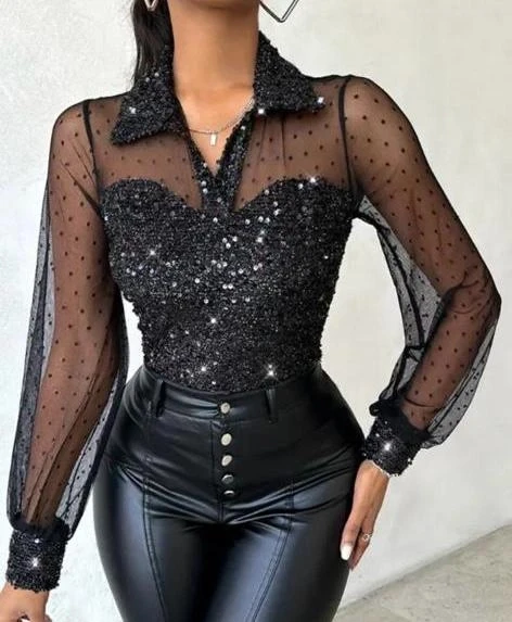 Likralı Kadıfe Payet Kumaş Puantiye Tül Detaylı Bbluz