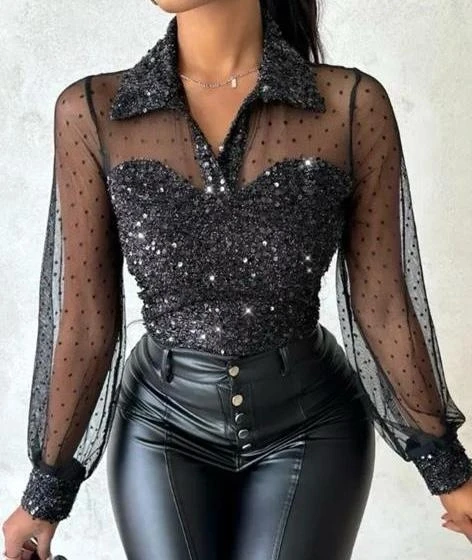 Likralı Kadıfe Payet Kumaş Puantiye Tül Detaylı Bbluz