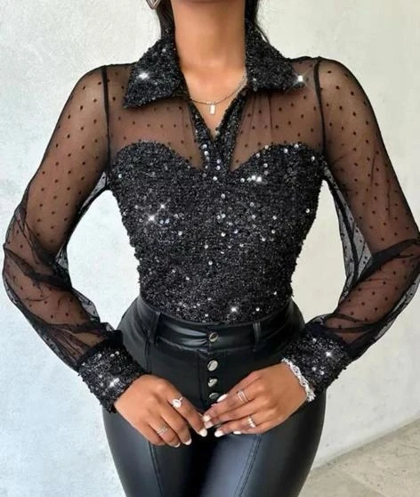 Likralı Kadıfe Payet Kumaş Puantiye Tül Detaylı Bbluz