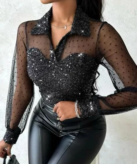 Likralı Kadıfe Payet Kumaş Puantiye Tül Detaylı Bbluz