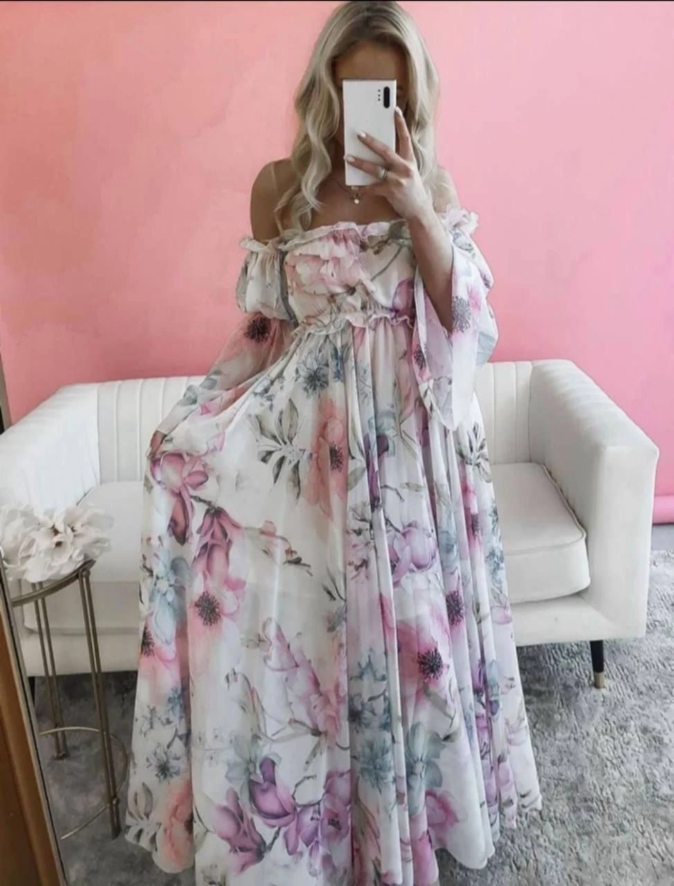 Madonna Yaka İspanyol Kol Elbise Şifon Kumas