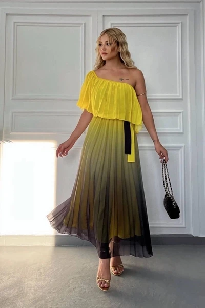 Madonna Yaka Renk Geçişli Piliseli Maxi Şifon Elbise