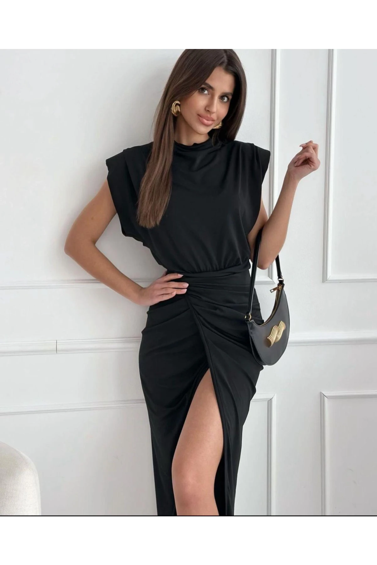 Maxi Boy Yırtmaçlı Sandy KUmas Elbise