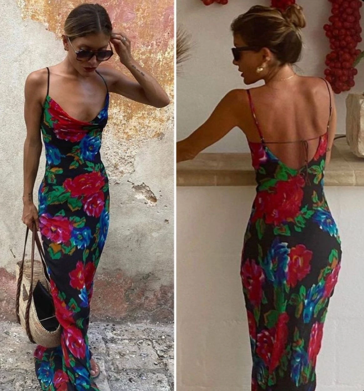 Micro Kumaş Çiçek Desenli Sırt Tasarım Maxi Elbise