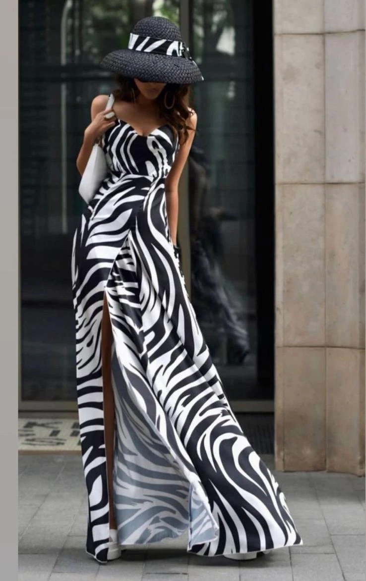 Micro Kumaş Dijital Baskı Yırtmaclı Elbise