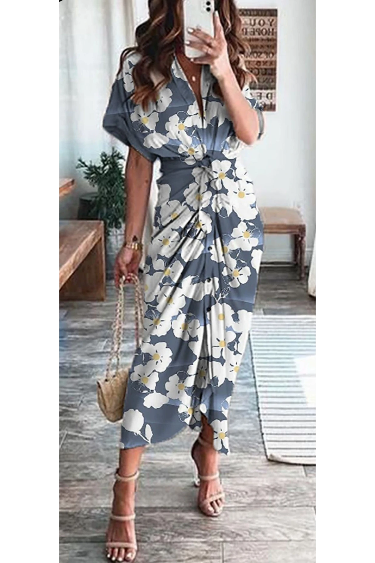 Mikro Kumaş Dijital Baskılı Düğme Detaylı Elbise