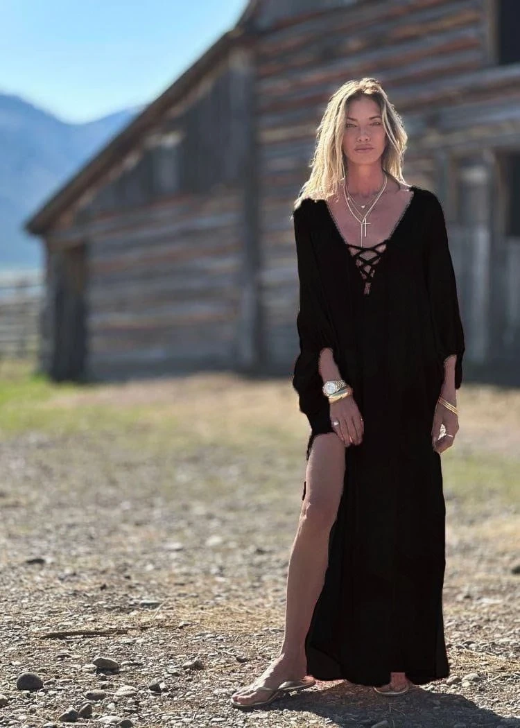 Mikro Kumaş Dijital Baskılı İp Detaylı Yırtmaçlı Elbise