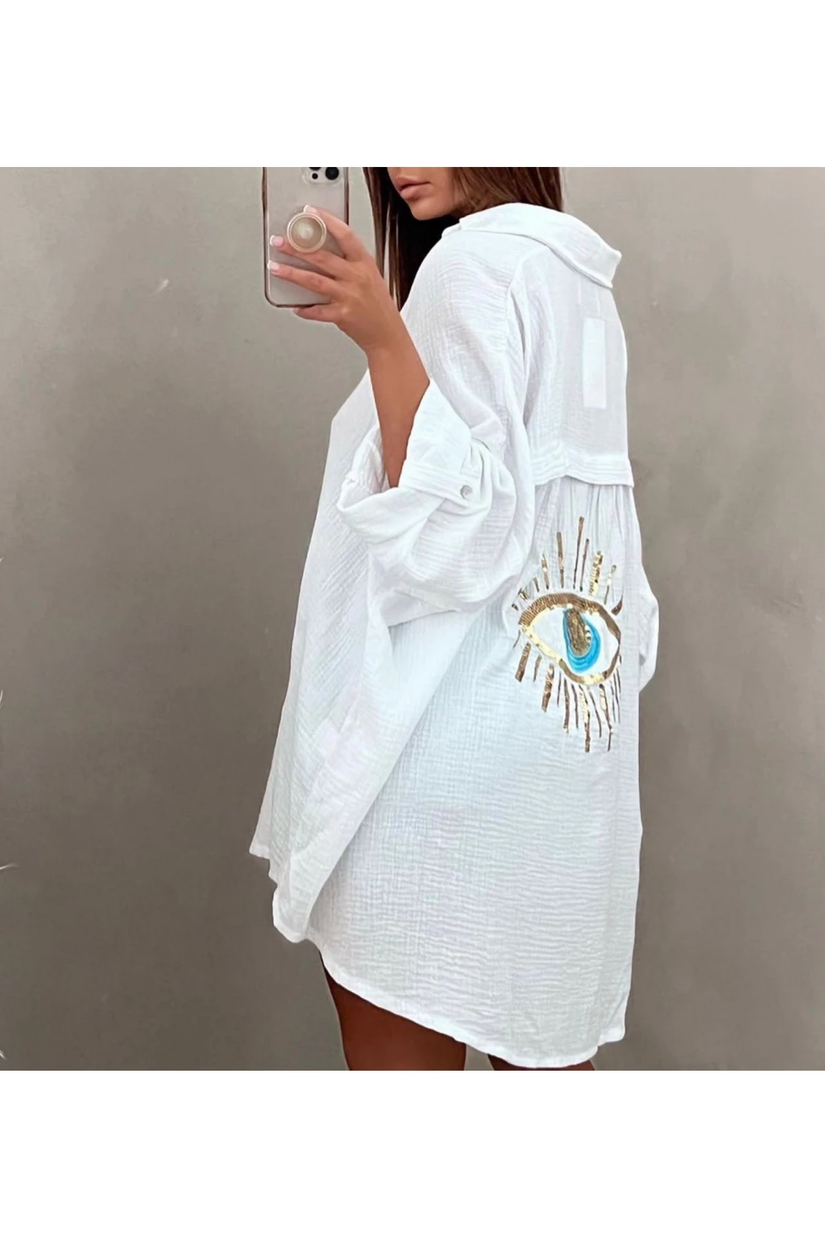 Müslin Kumaş Nakış İşleme Detaylı Tunik