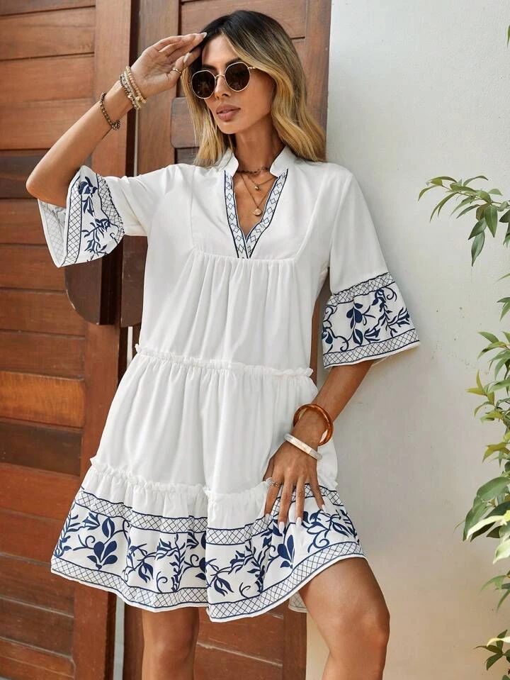 Nakış Desenli Poplin Kumaş  Elbise