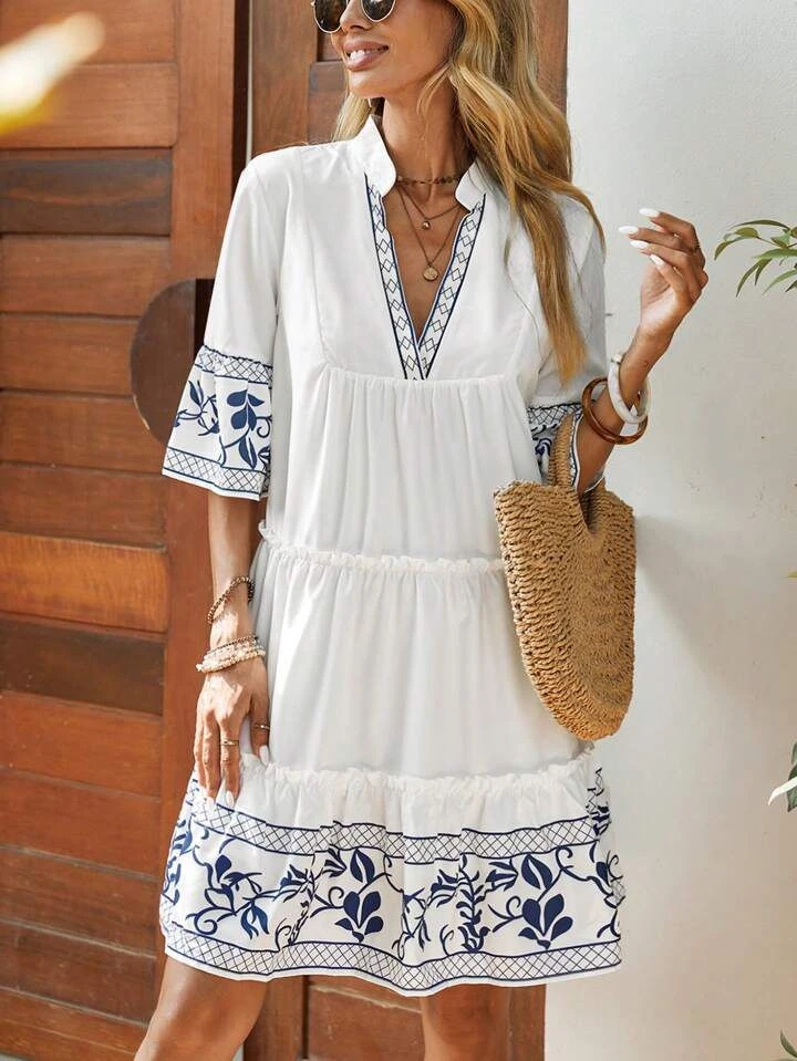 Nakış Desenli Poplin Kumaş  Elbise