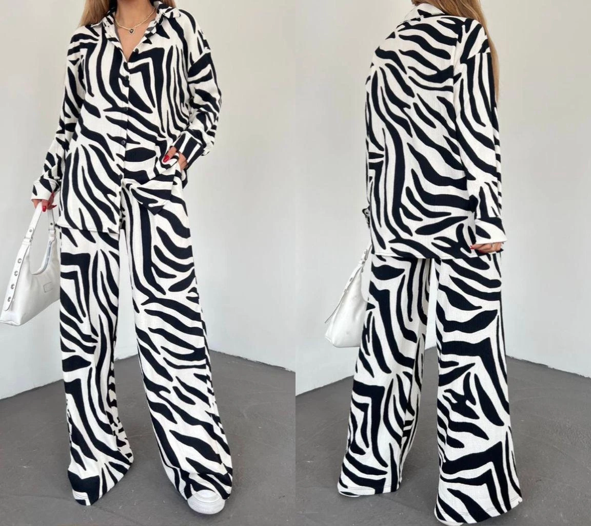 Okyanus Kumaş Zebra Desenli Üstü Gömlek İkili Set