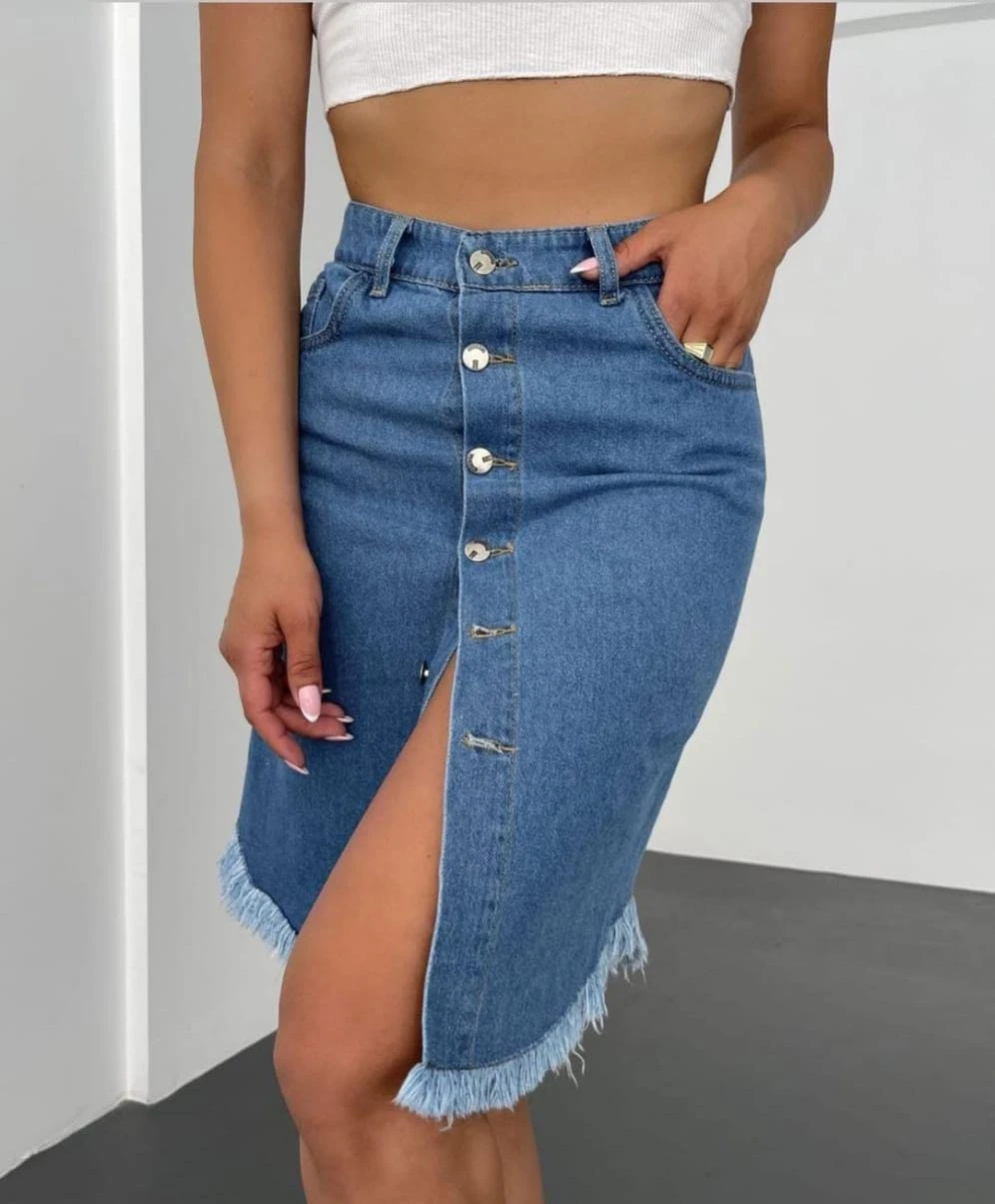 Önden Düğmeli Jean Etek
