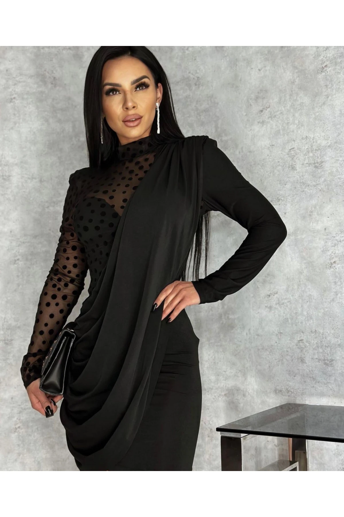 Örme Krep Kumaş Tül Garnili Elbise