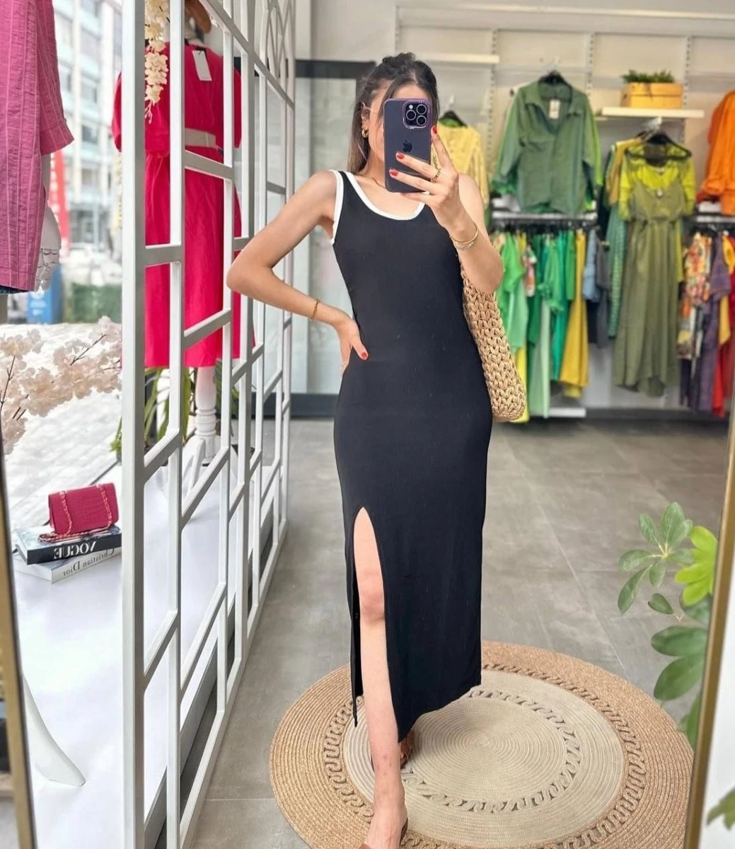 Ottoman Kumaş Askıları Şeritli Yandan Yırtmaçlı Midi Boy Elbise