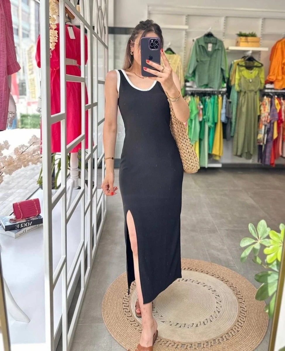 Ottoman Kumaş Askıları Şeritli Yandan Yırtmaçlı Midi Boy Elbise