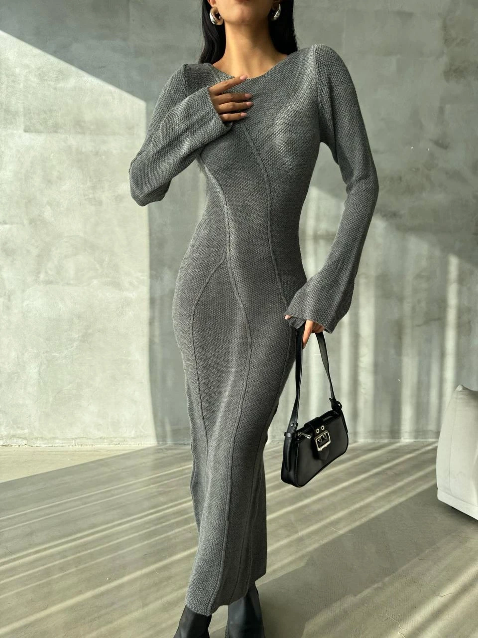 Özel Triko Dokuma Kol Tasarım Maxi Elbise