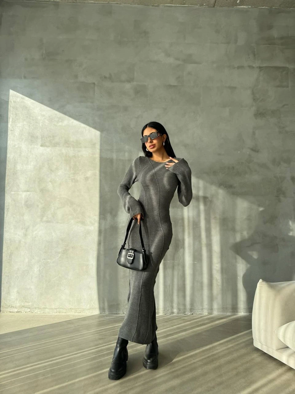 Özel Triko Dokuma Kol Tasarım Maxi Elbise