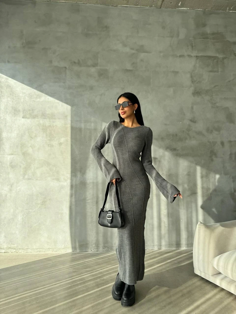 Özel Triko Dokuma Kol Tasarım Maxi Elbise