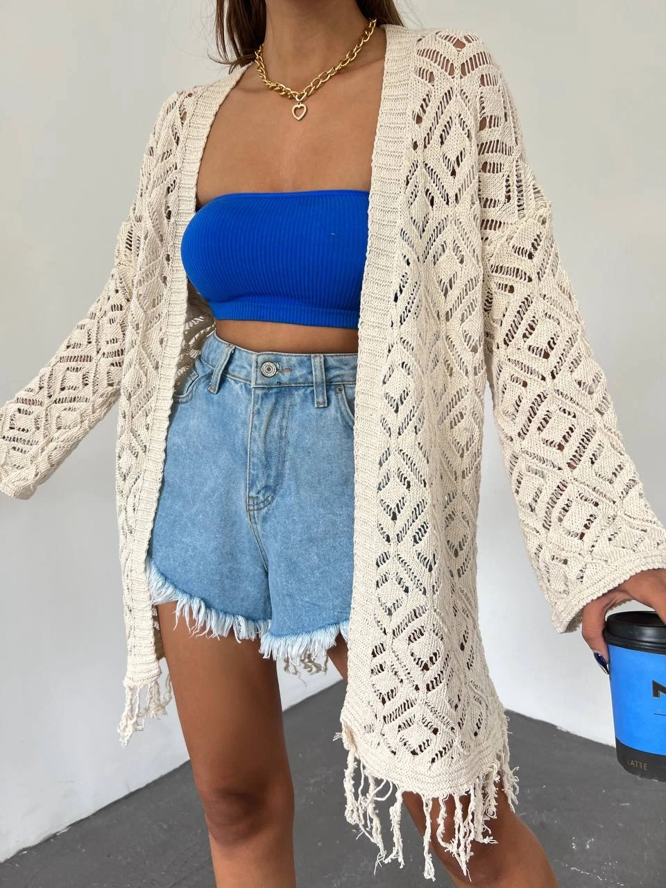 Pamuk İplik Ajurlu Saçaklı Hırka