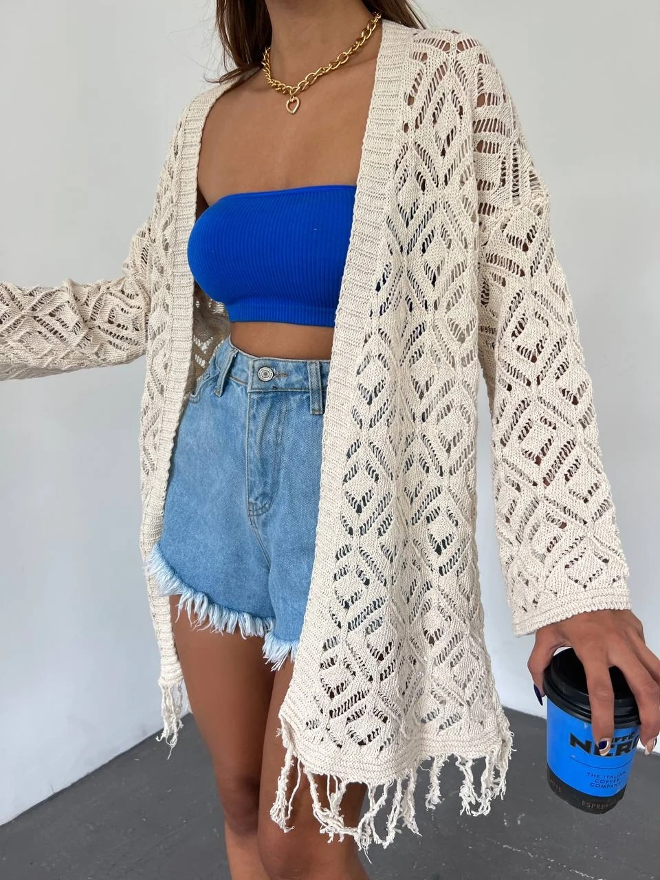 Pamuk İplik Ajurlu Saçaklı Hırka